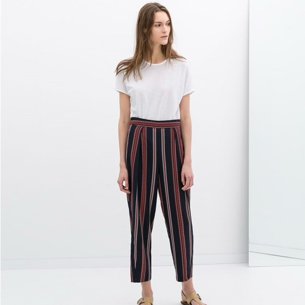 Zara Basic Jacquard Stripe High-Waist Tapered Trousers Sz M